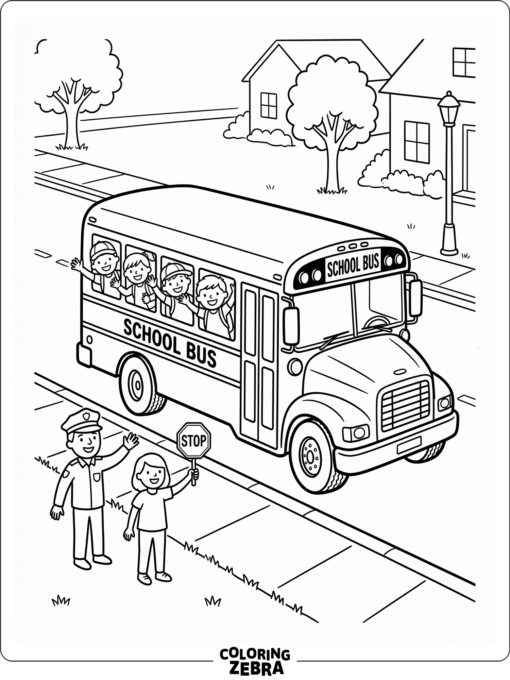 A school bus with children waving from the windows