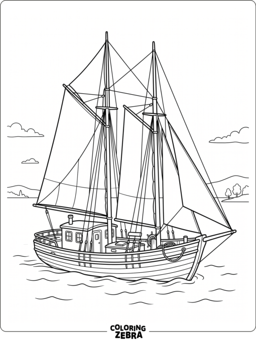 A schooner with two masts and a small cabin on calm water