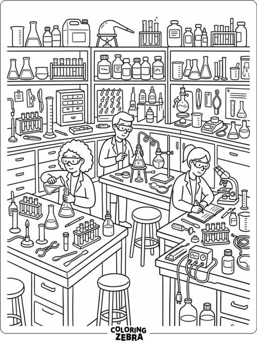 Un laboratorio de ciencias con vasos de precipitados, tubos de ensayo y mesas