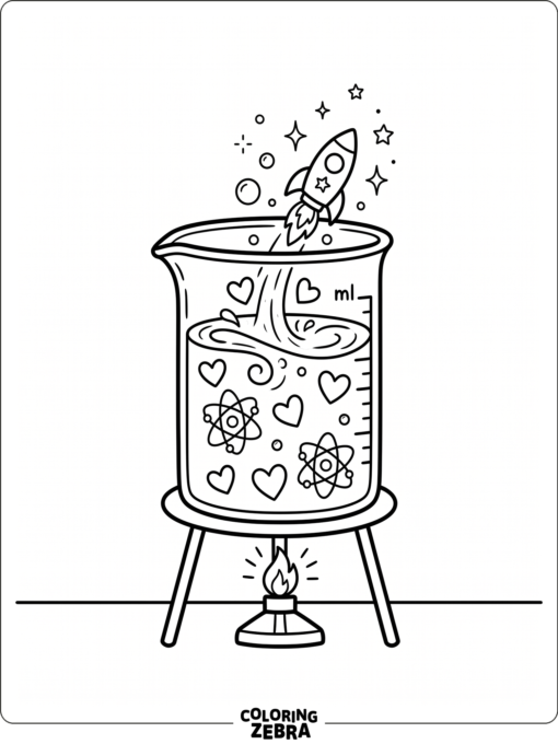 Science beaker with hearts and atoms