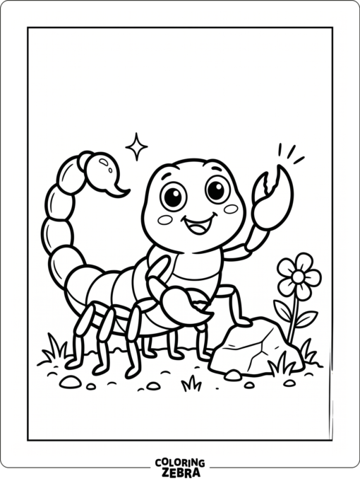 A friendly scorpion beside a flower and rock