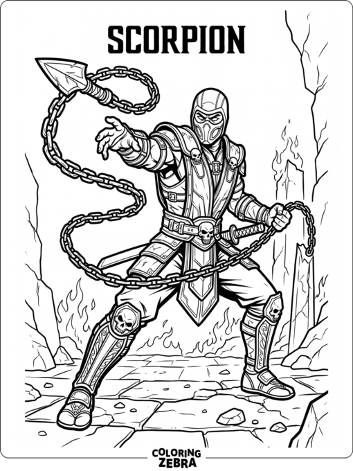 Scorpion from Mortal Kombat in a battle stance with his spear