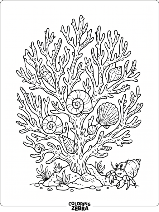 A branching sea coral with shells and a crab