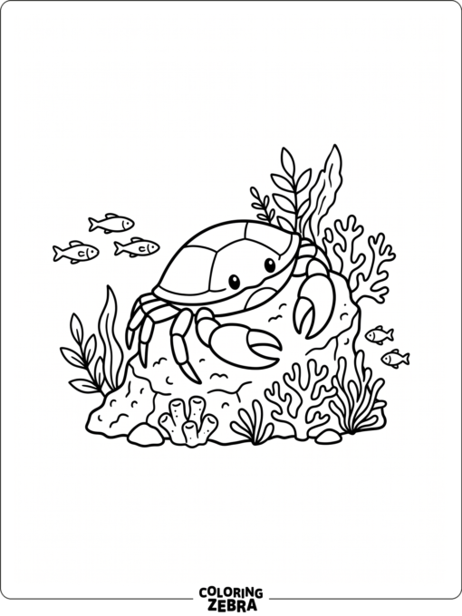 A crab on a reef with small fish nearby