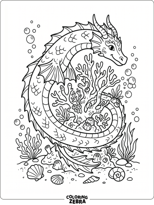 A sea dragon curled around coral