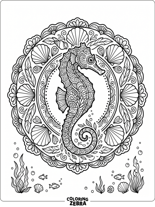 A seahorse framed by mandala shells and petals