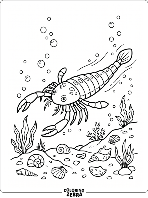 A sea scorpion swimming above shells and bubbles