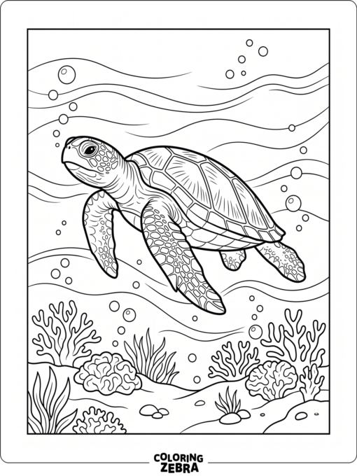 A sea turtle swimming above waves and coral