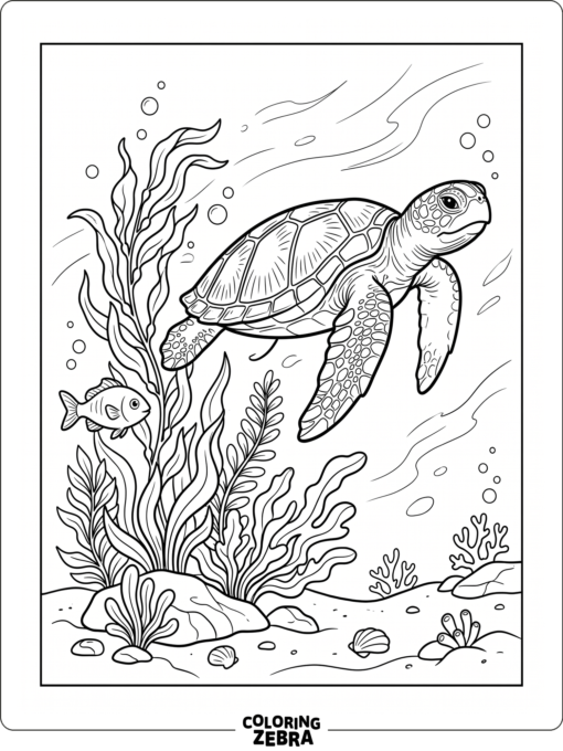 A sea turtle gliding past seaweed and a fish