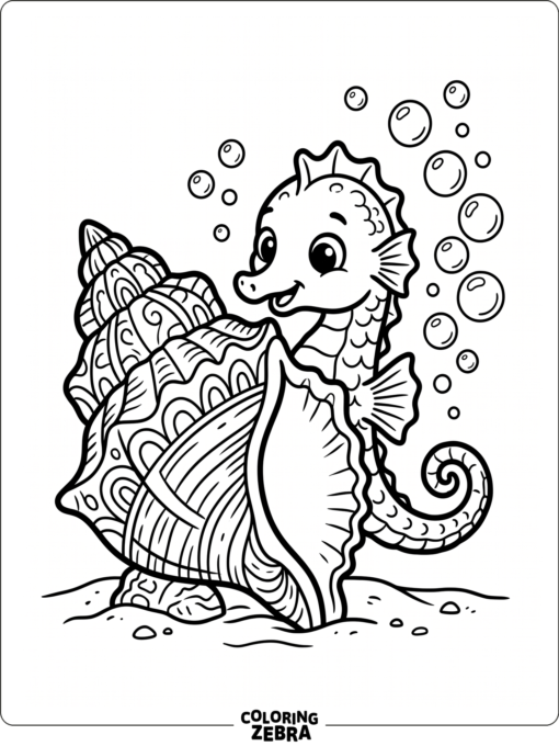 A baby seahorse peeking from behind a shell