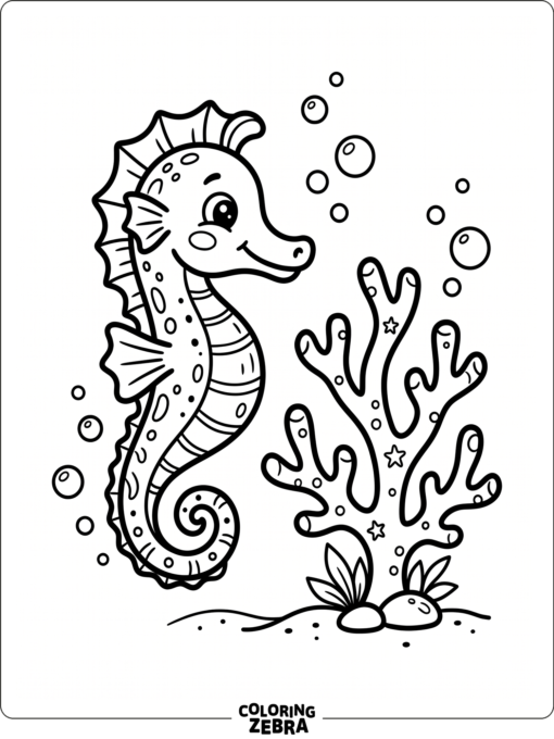 A simple seahorse with bubbles near coral