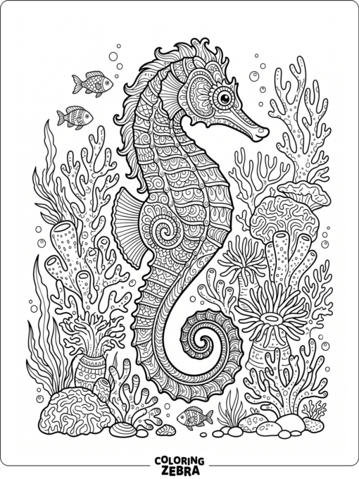 A detailed seahorse with patterned body and coral