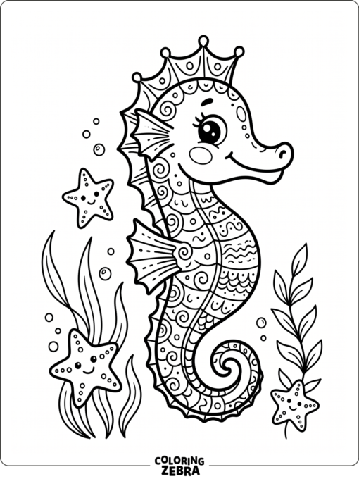 A friendly seahorse with big eyes and sea stars
