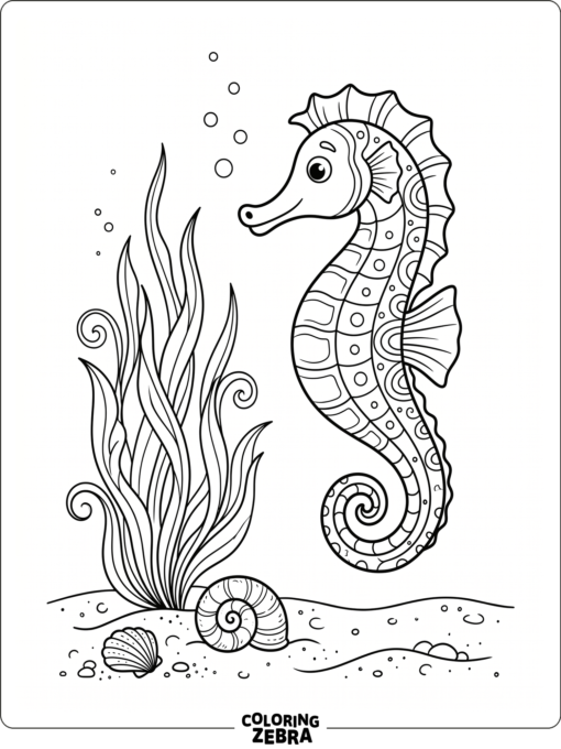 A seahorse near sea grass and a shell