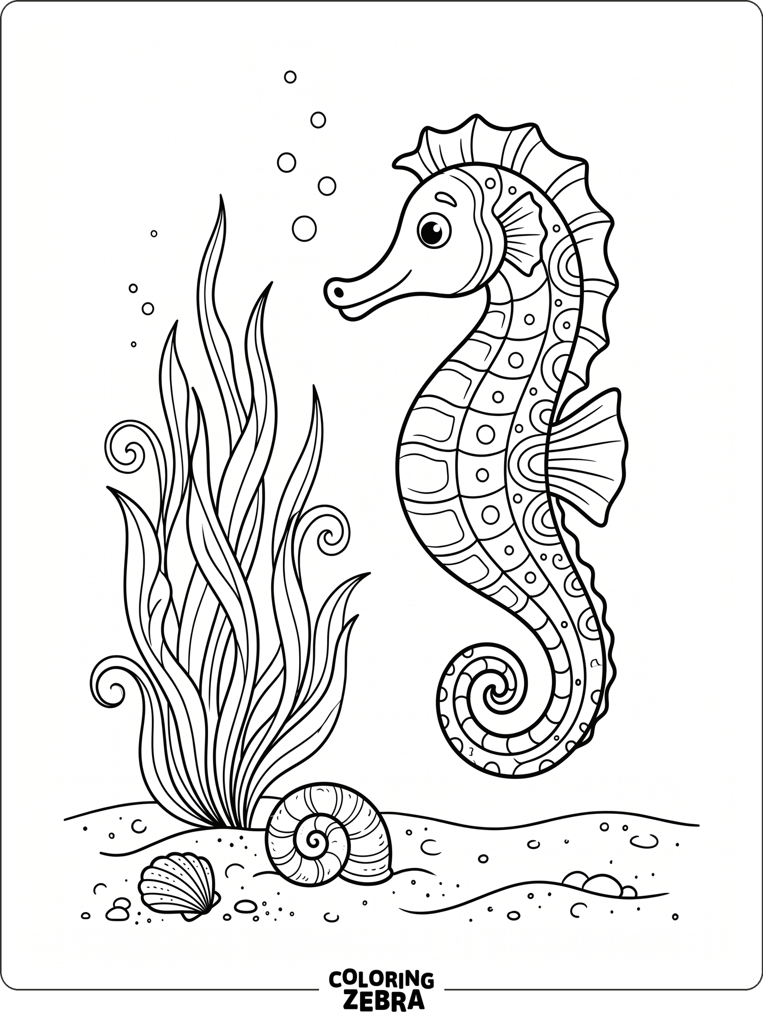 A seahorse near sea grass and a shell