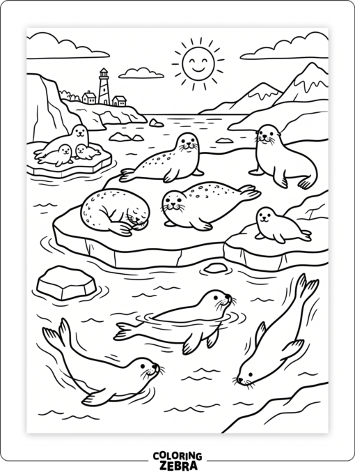 Various seal animals in simple ocean scenes