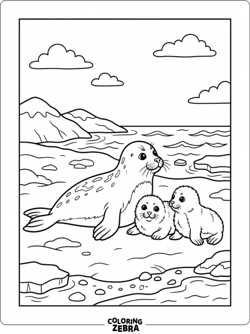 A seal family on a snowy shore with pups