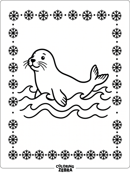 A simple seal outline with waves and snowflakes