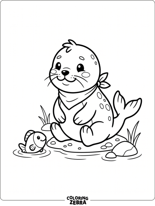 A cute seal-like creature sitting beside a fish