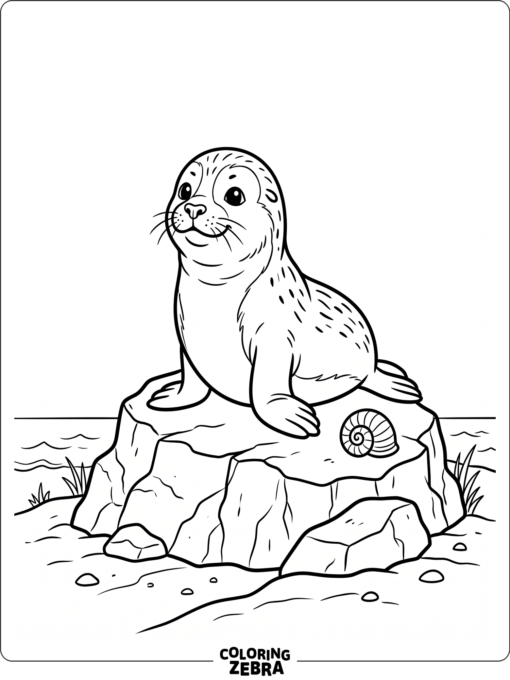 A seal pup sitting on a rock near a shell