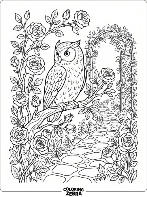 An owl perched in a garden with roses and vines