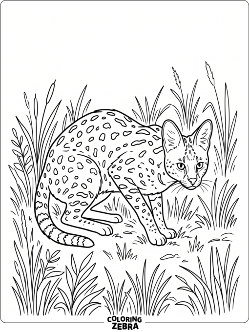 A serval cat crouching in grass