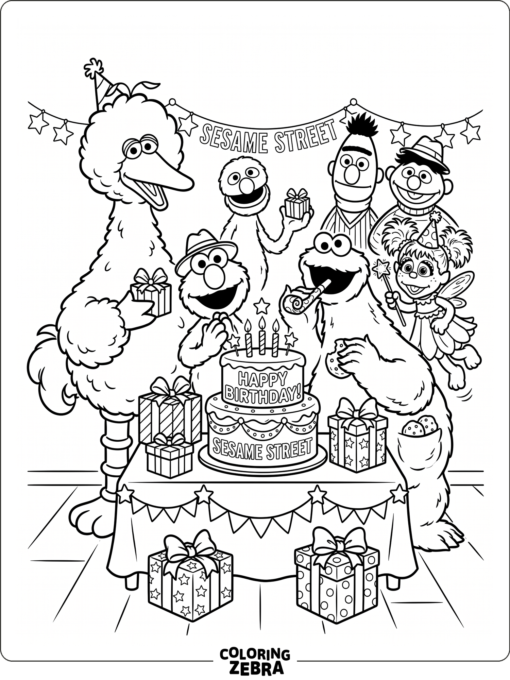 Sesame Street friends with cake and presents