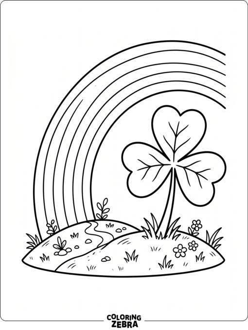 A shamrock beside a rainbow over a hill