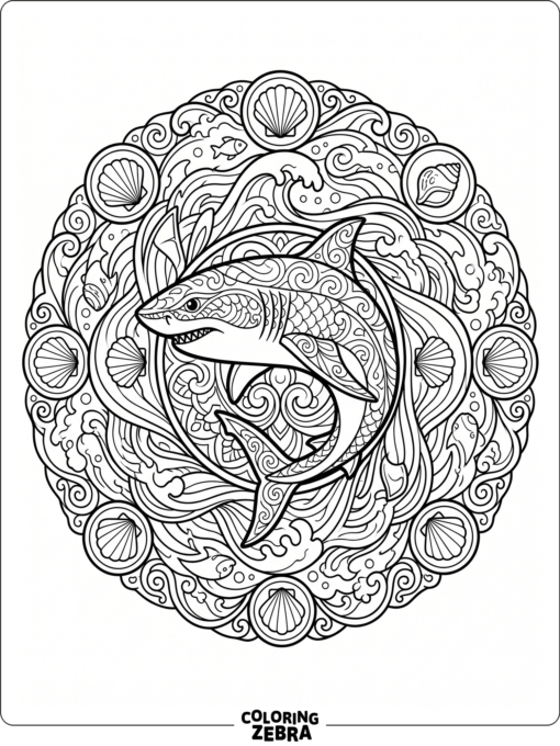 A detailed shark mandala with waves shells and fins