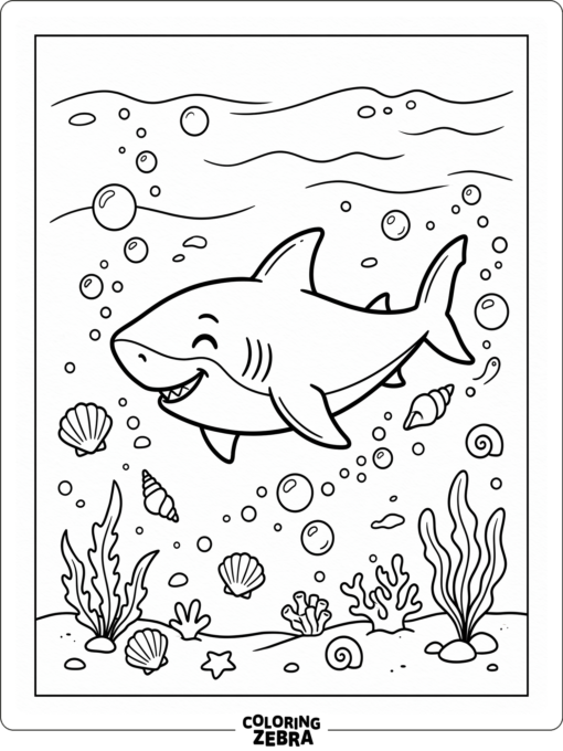 A happy shark with bubbles and shells