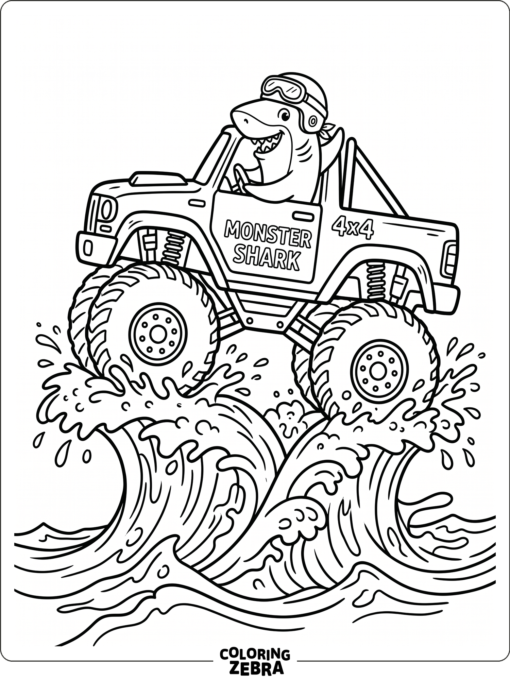 A shark riding a monster truck with splashing waves