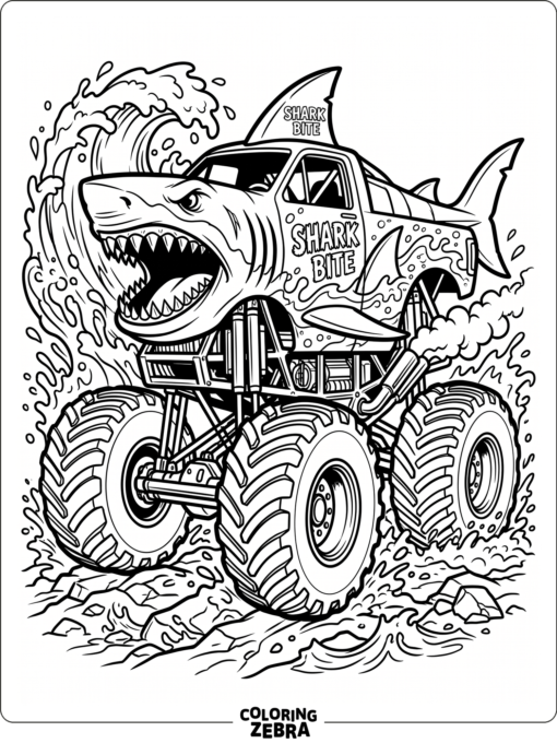 Shark monster truck with a fin and wave details