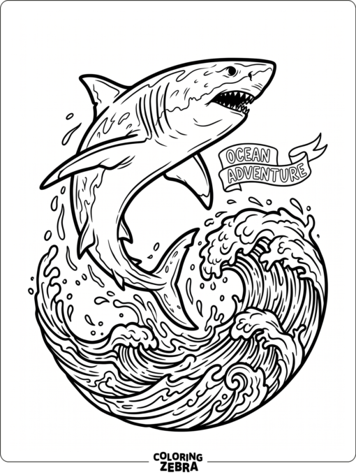 A shark jumps near a wave with a banner overhead