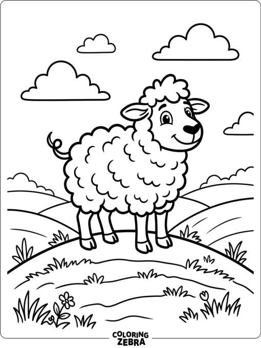 A cartoon sheep character on a hill