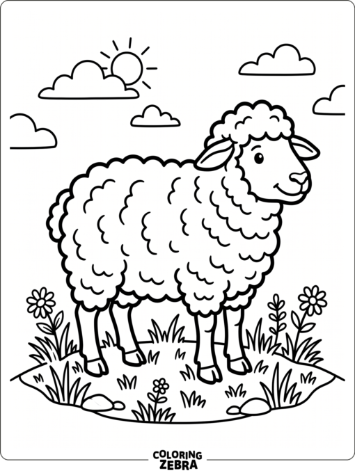 A fluffy sheep standing in grass with clean lines