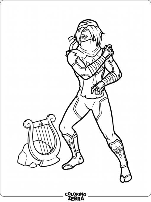 Sheik in a ready stance near a harp