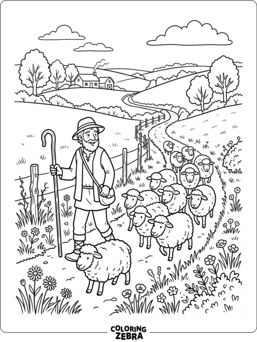 A shepherd walking beside sheep on a path