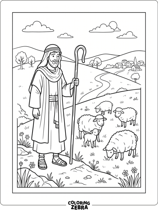 A shepherd with a flock on a hill