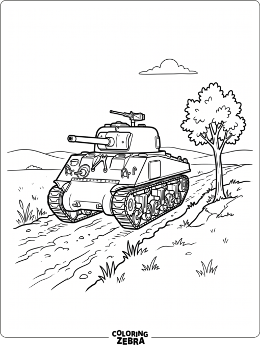 A Sherman tank rolling along a dirt path