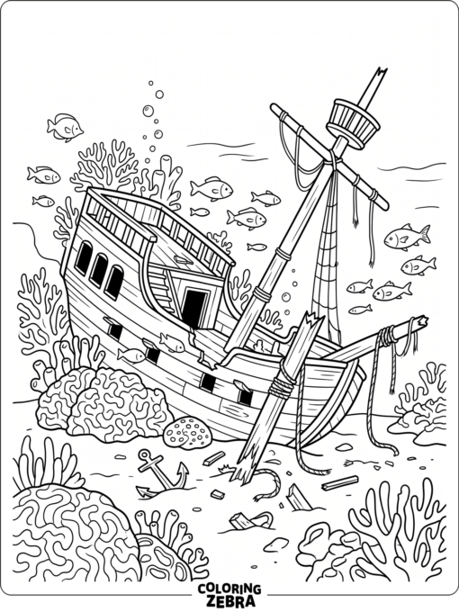 A sunken shipwreck with coral and fish