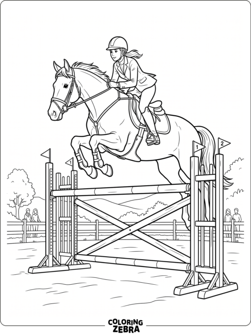 A show jumping horse clears an obstacle