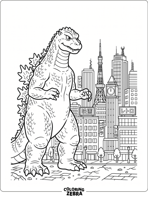 Classic Showa Godzilla stands beside a retro city skyline
