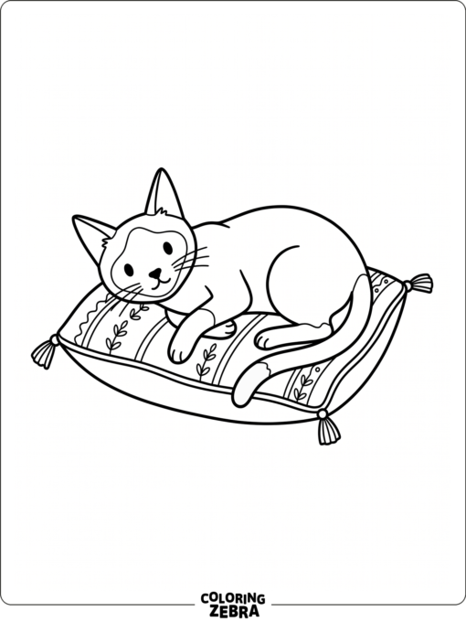 A Siamese cat resting on a cushion with pointed ears