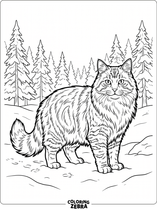 A Siberian cat standing in snow near pine trees
