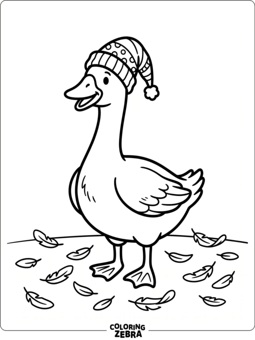 A silly goose wearing a hat near a few feathers