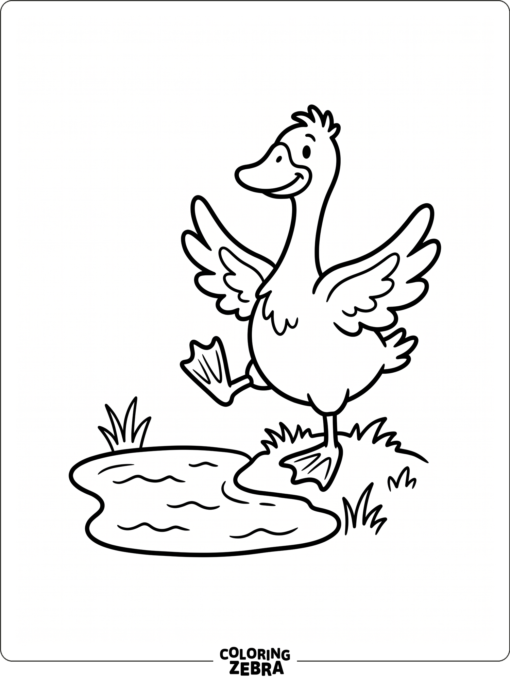 A silly goose balancing on one foot near a puddle