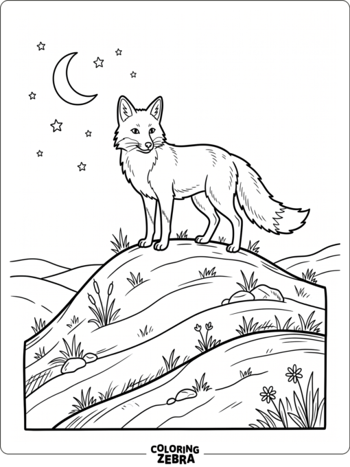 A silver fox stands under a crescent moon