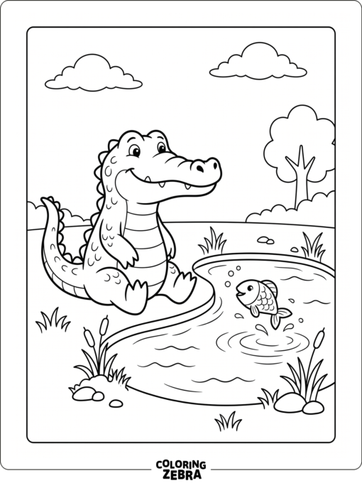 A simple alligator sitting near a small fish