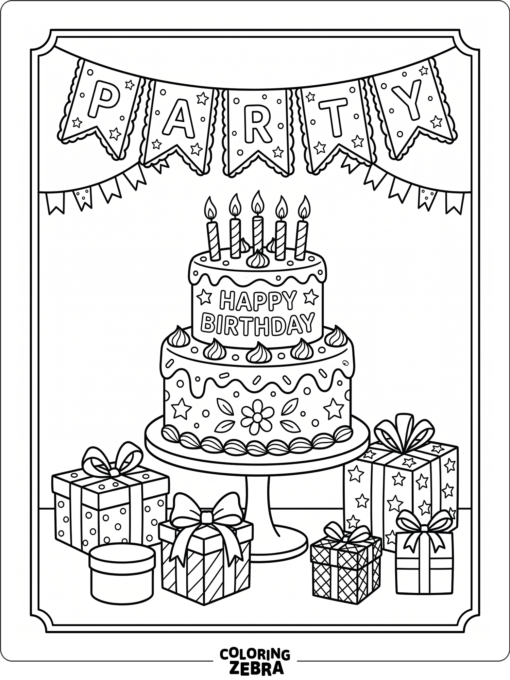 A birthday cake, presents, and a banner