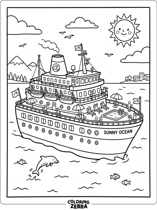 A cruise ship with rows of windows and a simple deck layout